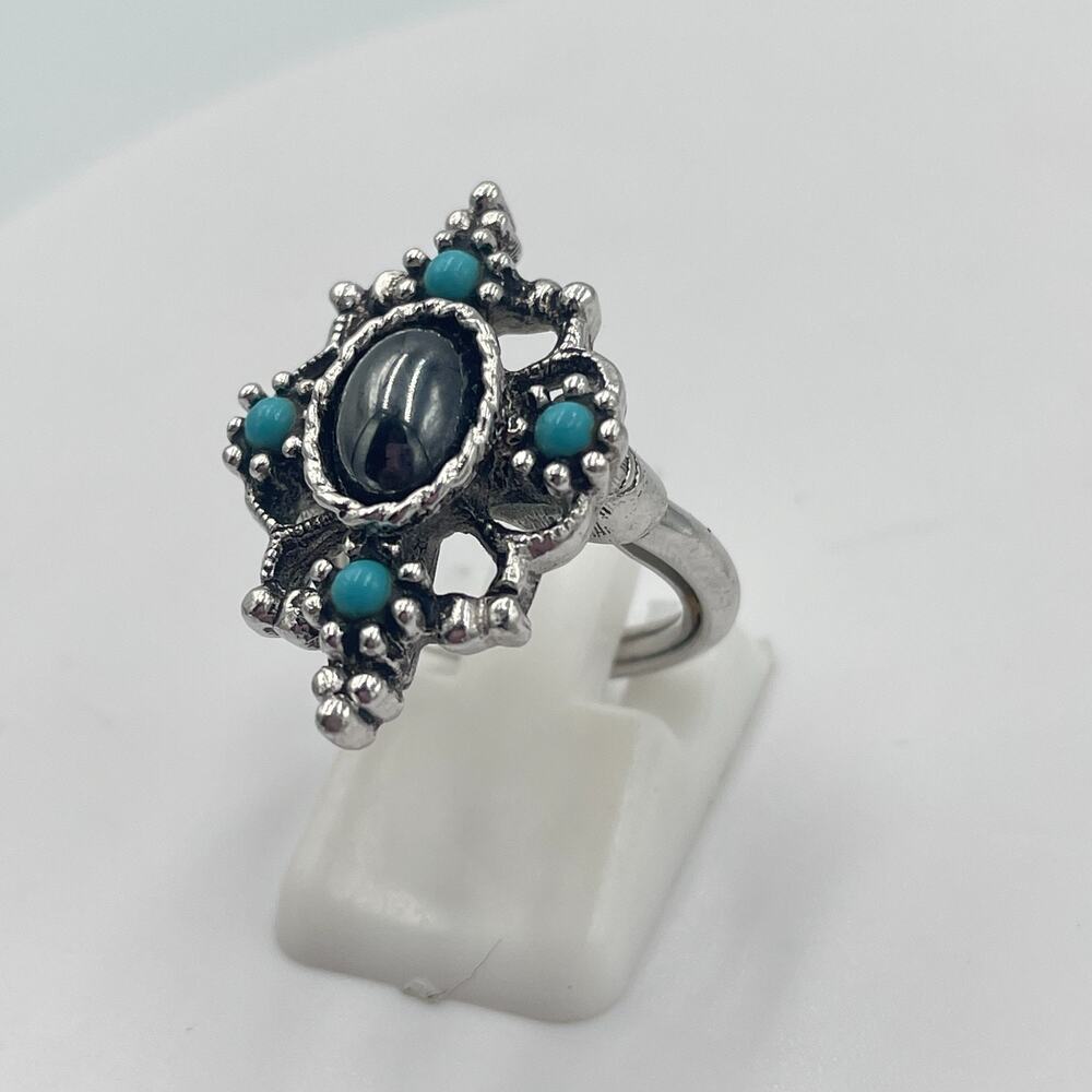 Vintage Avon Silver Tone Hematite Turquoise Tone Southwestern Adjustable Ring